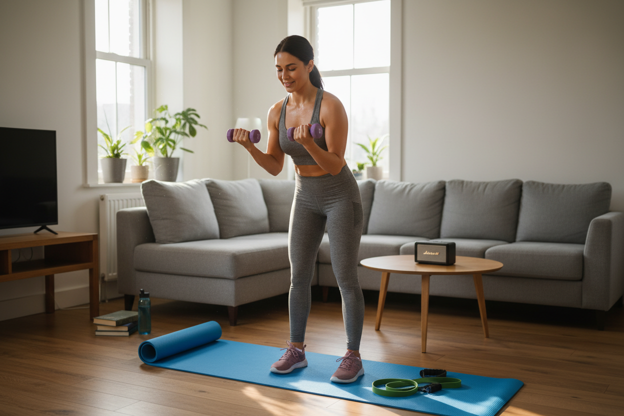 Personnage qui fait du sport chez lui, avec un petit équipement .